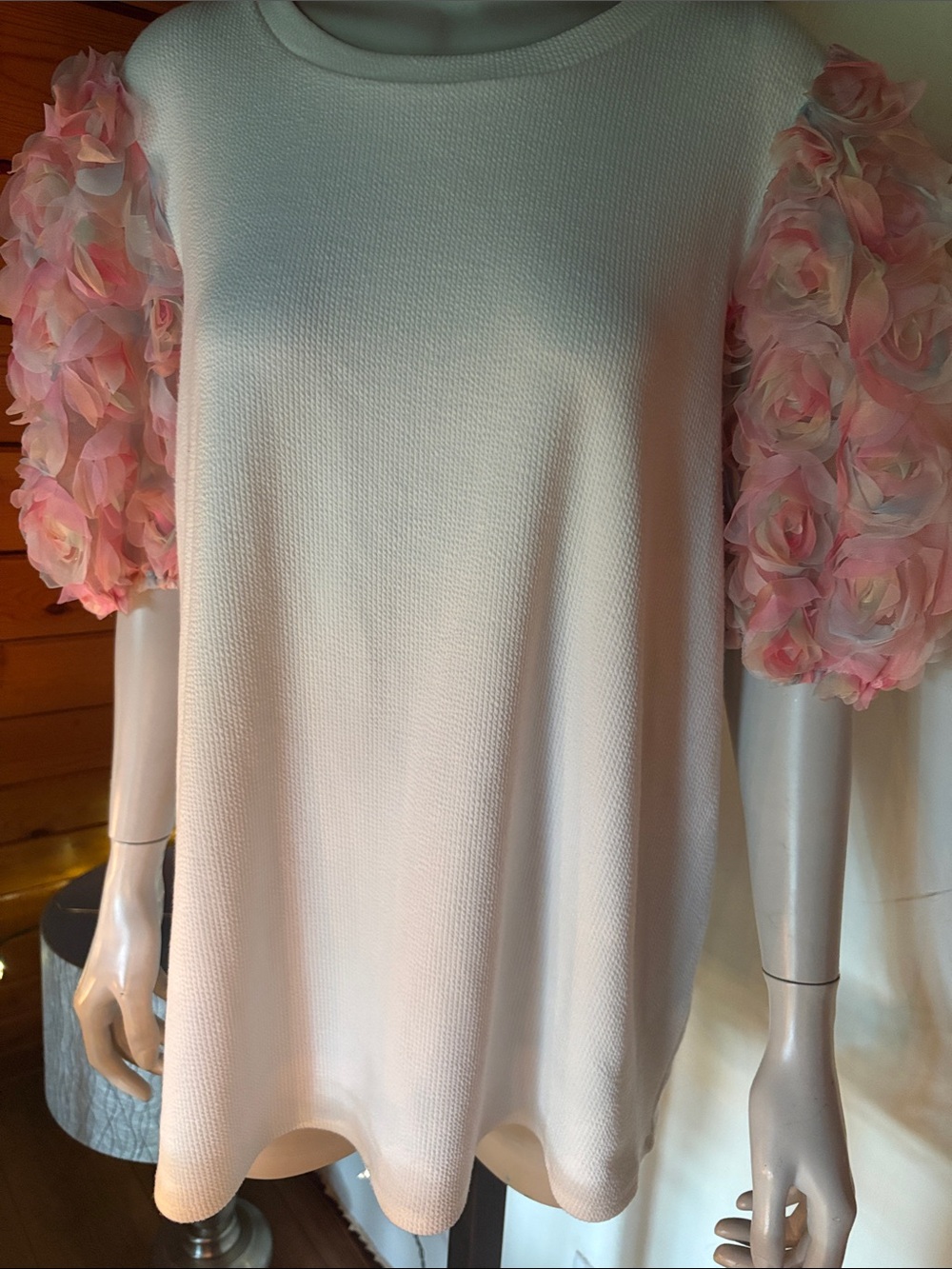 Entro White Waffle Knit Floral Puff Sleeve Top XL Coquette Cottagecore